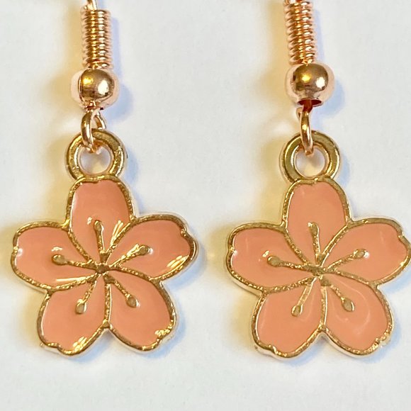 Hibiscus Flower Earrings Rose Gold Plated Enamel Peach Pink Dangle Dainty Island - Picture 4 of 12